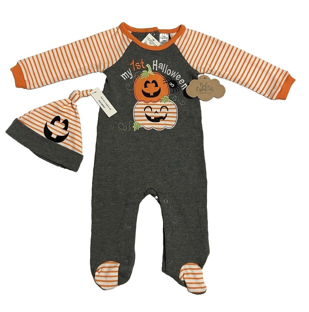 Baby Essentials My 1st Halloween Sleeper Unisex Outfit Gray Orange 6M NWT